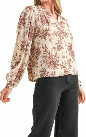 Merci Floral Print Lace Eylete Long Sleeve Top In Champagne Brown