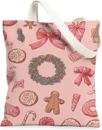 Generic Christmas Biscuits Canvas Tote Bags, Festive Treats Design Reusable Bags, Winter Vintage Lightweight Washable Shoulder Stra, Peach, 13x15 Inch
