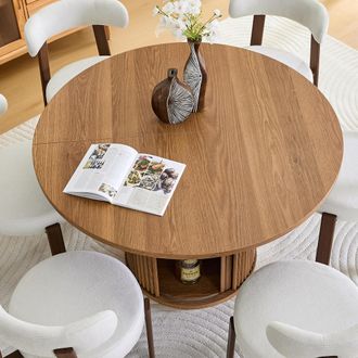 STILVORA Mesa De Comedor Redonda En Madera Sint&eacute;tica Con 2 Espacios De Almacenamiento, Estilo Campestre - 120&times;120&times;75,5 Cm, Nogal