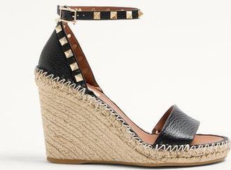 Valentino Garavani Double Rockstud Grainy Calfskin Wedge Sandal 105 Mm Woman BLACK 34