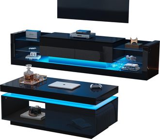 STILVORA Conjunto De Muebles De Sal&oacute;n Con 1 Mueble De Tv Y 1 Mesa De Centro, Iluminaci&oacute;n Led, Para Sal&oacute;n, Tablero De Part&iacute;culas, Negro