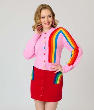 Unique Vintage 1950s Cropped Cardigan in Pink W/Rainbow Print at Nordstrom, Size X-Large