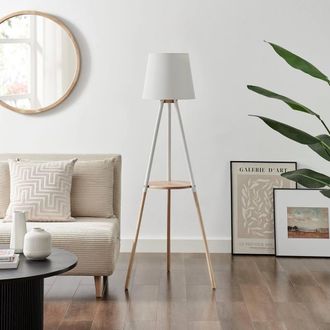 Furniturebox Kelsey White & Wood Tripod Standing Floor Lamp with Shelf