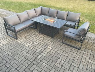 Fimous Aluminium 7 Pieces Garden Furniture Corner Sofa Set with Cushions Gas Fire Pit Dining Table Set with Chair Dark Grey