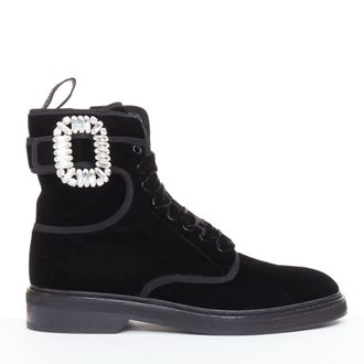 Roger Vivier Viv Rangers black velvet crystal buckle combat boots