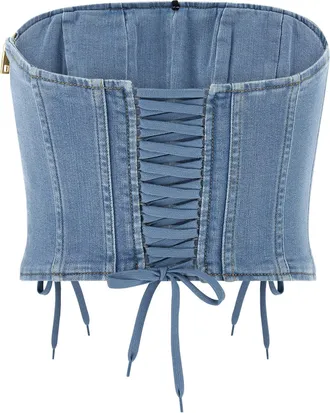 Elisabetta Franchi Denim Off-the-Shoulder Bustier Top - Blue