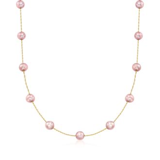 Ross-Simons 6-6.5mm Pink Cultured Pearl Station Necklace in 14kt Yellow Gold