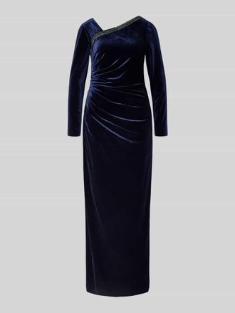 Adrianna Papell Abendkleid mit Ziersteinbesatz und Raffungen in Dunkelblau, Größe 36