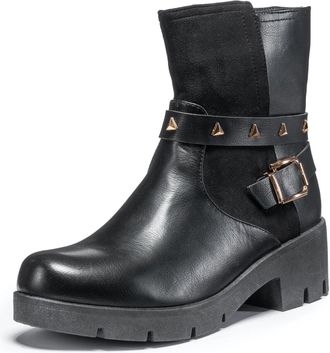 Generic Womens Chunky Biker Boots Studded Low Heel Platform Motorbike Combat Ankle Boots UK Size (Black, UK Footwear Size System, Adult, Women, Numeric, Mediu