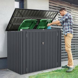 Costway Costway Outdoor Trash Can Storage Shed Large Lockable Garden Shed w/ 2 Doors in Dark Grey
