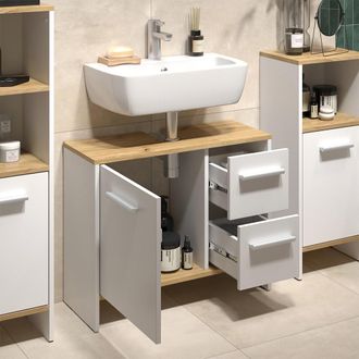 Vicco Mueble Bajo Lavabo Karli, Roble Blanco/dorado, 70.2 X 57 Cm Con 2 Cajones Y 1 Puerta, Vicco