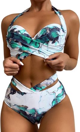 Generic Bikini Sets for Women UK Push Up High Waist Ruched Swimsuits Hawaiian Tropical Print Swim Cami Bra and Ruffles Bathing Sets Beachwear Tummy Control Pa