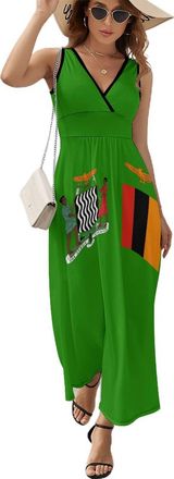 Generic Zambia Flag Zambian Coat of Arms Womens V Neck Maxi Dresses Sleeveless Long Dress High Waist Casual Ankle Length Sundress 2XL