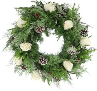 Creative Displays Inc. Handcrafted 27In Evergreen Wreath Arranged With Rose, Fern & Pinecone