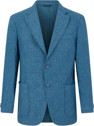 Brooks Brothers Linnen Blazer met Visgraatmotief - Heren - Blazers - Blauw - L - Linnen - Jassen
