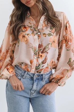 Azura Exchange Womens Floral Blouse Buttondown Top - Nude - Size Large