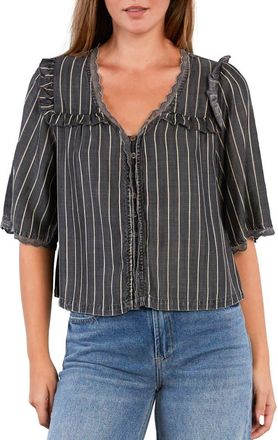 BILLY T Juliet Lace & Ruffle Cotton Blend Top in Grey Pin Stripe at Nordstrom, Size X-Large