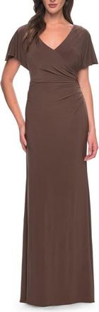 La Femme Chic Jersey Dress with V Neck and Loose Sleeves in Cocoa at Nordstrom, Size 14
