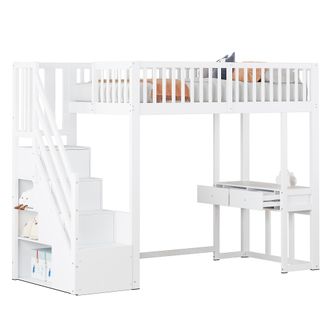 STILVORA Letto A Soppalco 90 X 200 Cm, Singolo Con Scala Contenitore E Scrivania, Senza Materasso, Bianco