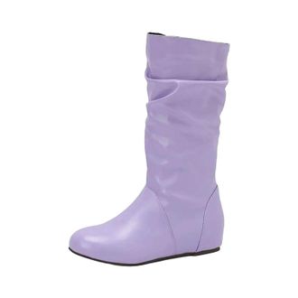 Generic Womens Fashion Mid Calf Booties Round Toe High Height Increasing Heel Slip On With Pleated Shaft Design