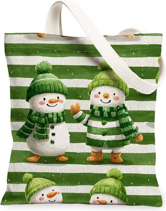 Generic Snow Man Canvas Tote Bags, Cute Winter Character Pattern Reusable Bags, Fun Lightweight Washable Shoulder Strap Canvas for, Green, 13x15 Inch