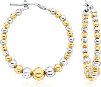 Ross-Simons Italian 3-6mm Sterling Silver and 18kt Gold Over Sterling Graduated Bead Hoop Earrings