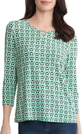 Jones New York Abstract Print Keyhole Three-Quarter Sleeve Crepe Top in Kelly Multi at Nordstrom, Size Large