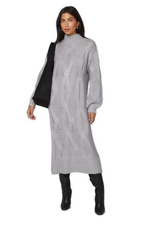 Wallis Relaxed Chunky Cable Midi Knitted Dress, M, Grey Marl