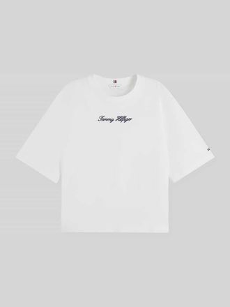 Tommy Hilfiger Loose Fit T-Shirt aus reiner Baumwolle mit Label-Schriftzug in Ecru, Gr&ouml;&szlig;e XL