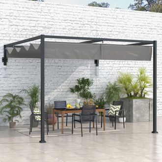 OUTSUNNY Wall Mounted Pergola with Retractable Sun Shade Canopy in Dark Grey