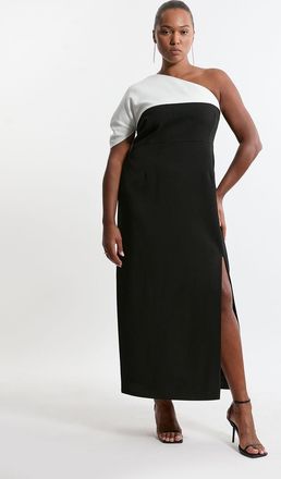 Karen Millen Plus Size Structured Crepe Asymmetric Cape Detail Tailored Midi Dress