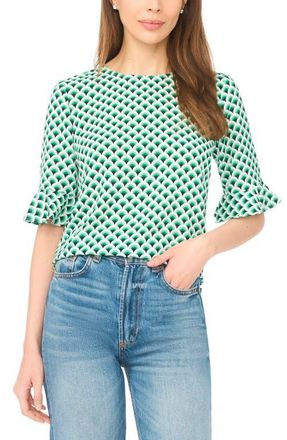 CeCe by Cynthia Steffe Fan Print Ruffle Cuff Top in Holly Green at Nordstrom, Size X-Small