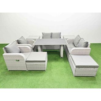 Fimous 9 Pieces Outdoor pe Rattan Sofa Reclining Chair Set Patio Garden Furniture Sets with Cushions 2 Side Tables 2 Big Stools Light Grey - Fimous