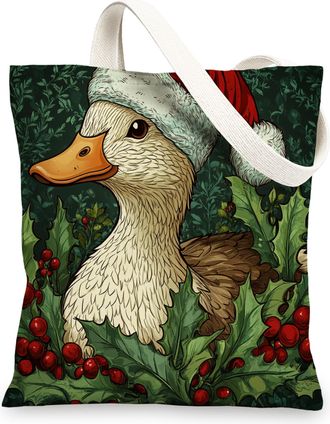 Generic Farmhouse Christmas Duck Canvas Tote Bag for Shopping 13x15, Green Fun Xmas Balls Reusable Grocery Print Pattern Bag for Women, Happy Holiday Beach Ae