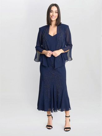 Gina Bacconi Womens Lorna Beaded Chiffon Dress And Jacket - Navy - Size 12 UK