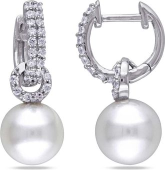 Amour 8 - 8.5 Mm White Cultured Freshwater Pearl Earrings with Cubic Zirconia In Sterling Silver