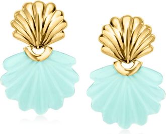 Ross-Simons Carved Blue Chalcedony Seashell Drop Earrings in 18kt Gold Over Sterling