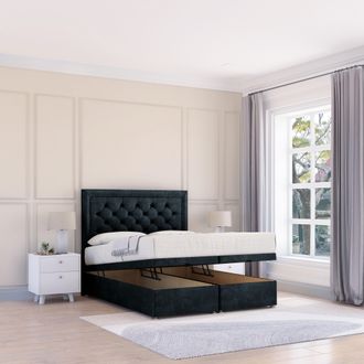 Sloomy Montana Naples Fabric Ottoman Bed End Opening With Sprung Memory Mattress & 26 Inch strut Headboard in Black | Size: Small Single