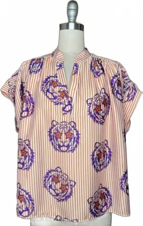 Adrienne Womens Placket Shirred Sleeve Band Top In Bulldogs