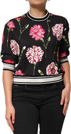 Dolce & Gabbana Womens Black Floral Print Cotton Short Sleeves Top