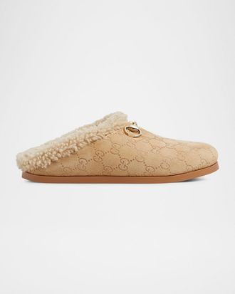 Gucci New Sol Suede Shearling Horsebit Mules