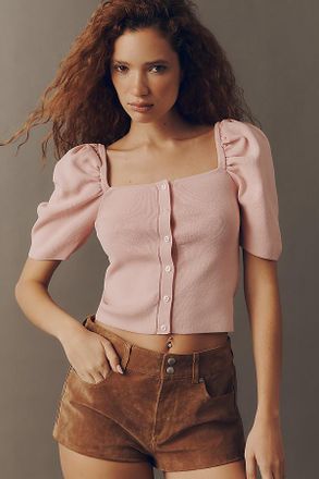 Maeve Square-Neck Puff-Sleeve Cardigan Sweater