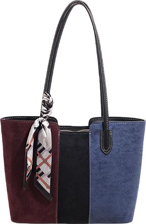 Generic Women Faux Suede Handbag Fashion Underarm Bag Contrastive Color Splicing Design Bag for Work Shopping Travel Daily