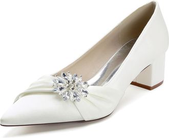 Generic Wedding Bridal Shoes Womens Chunky Heels Ankle Strap Low Heel Bridal Pointed Toe Pumps Prom Party Dress Shoes 4.5Cm,Ivory,10 UK
