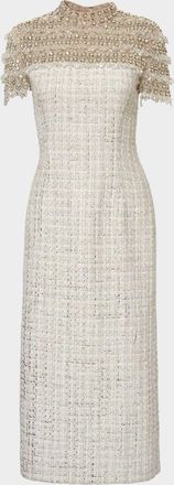 Carolina Herrera Embellished Tweed Mock-Neck Pencil Dress