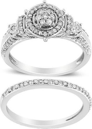 House of Brilliance Silver 1/3 Ctw Diamond 7 Stone and Halo Engagement Ring and Wedding Band Set at Nordstrom, Size 10