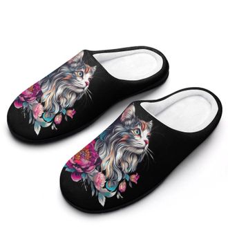 Generic Boho Cute Cat Flowers Womens Slippers Warm House Slippers Indoor House Shoes with Anti-Skid Rubber Sole