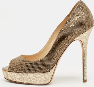 Jimmy Choo London Gold Leather And Lurex Fabric Dahlia Platform Peep Toe Pumps