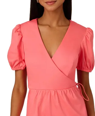 Adrianna Papell Fit & Flare Dress Womens Orange Tiered Puff Sleeve FROG357