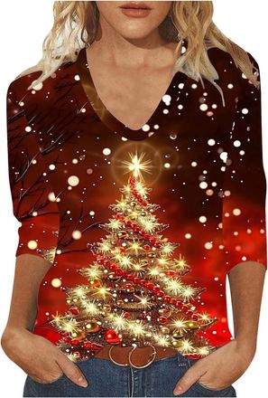 Generic OVARA Christmas Tops for Women V Neck Xmas Jumpers Ladies 3/4 Sleeve Christmas T Shirts Stylish Casual Xmas Printed Tunic Blouses for Holiday Party Go